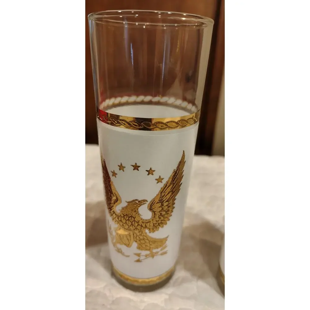 Vintage Set 6 Federal Glass Patriotic Tom Collins Glasses Red White Blue Gold